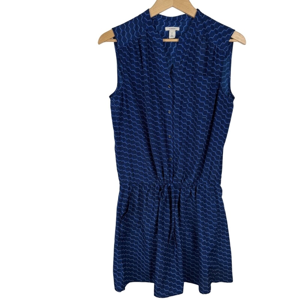Caslon‎ Geometric Honeycomb Print Sleeveless Dress Womens M Blue Button Front